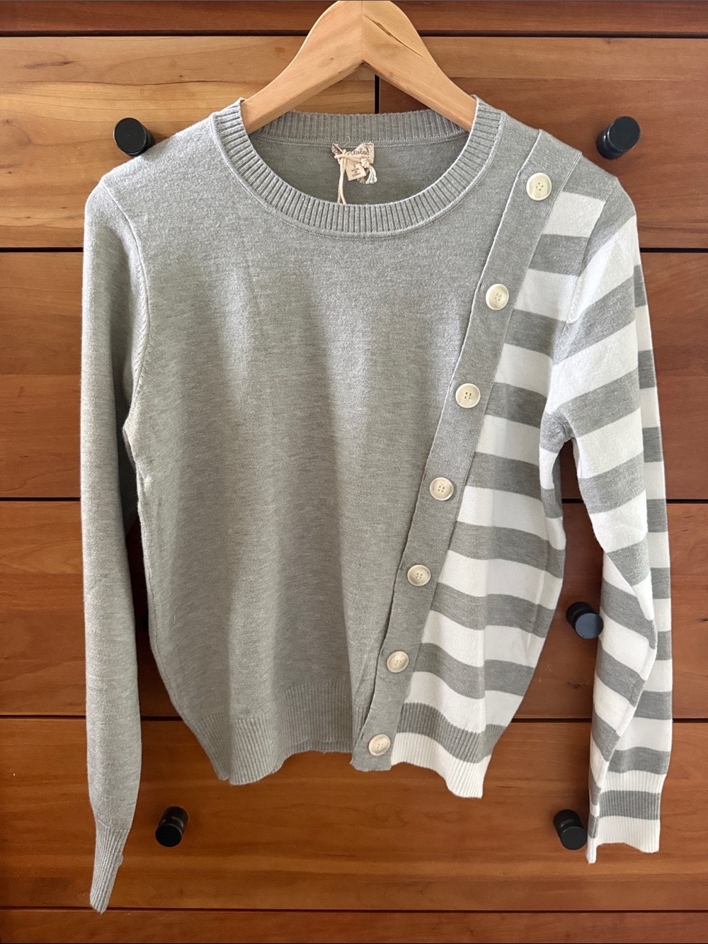 Hem & Thread Classic Crewneck Sweater with Button Stripe Detail - Gray/White NWT